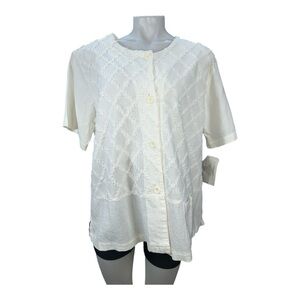 FOCUS USA Sz L Shirred Chenille Diamond Cotton Jacket Topper Off White Button-Up